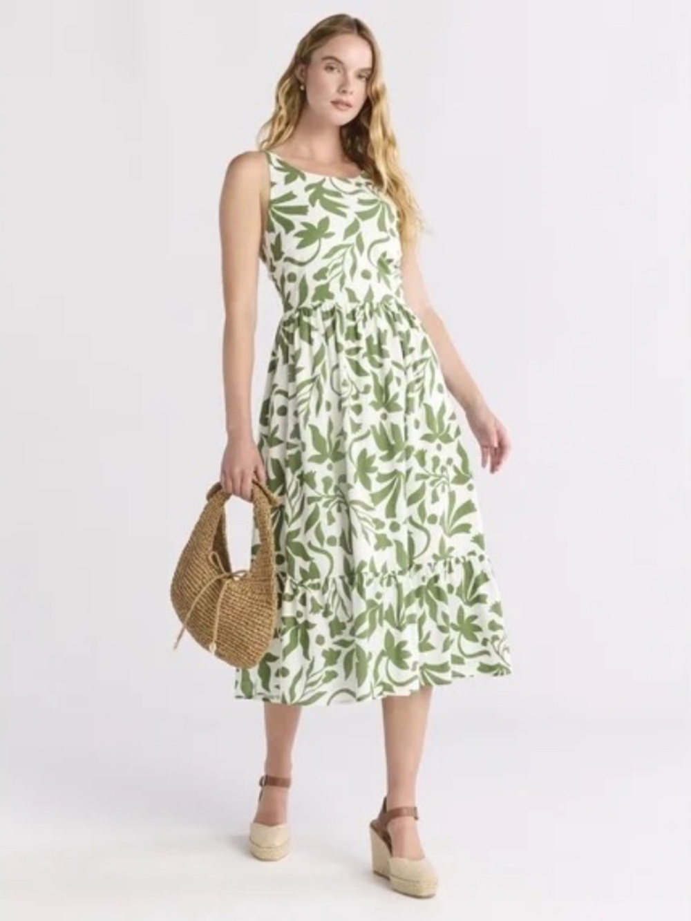 Time And Tru Summer Tie Back Floral Midi Dress XL 16-18 Botanical Green Iris
